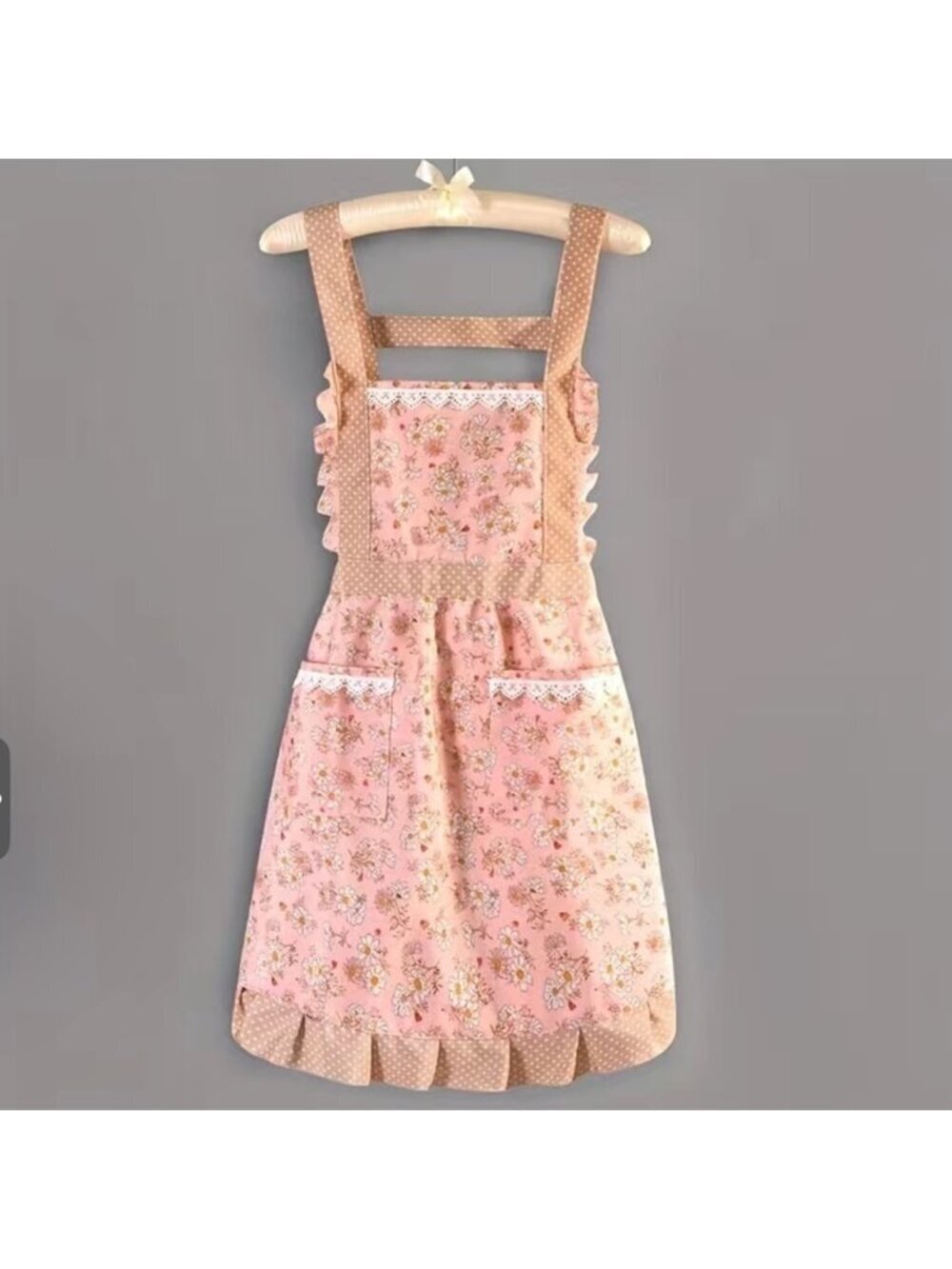 Apron Retro Bib Style Adjustable Waist Tie Floral Polka Dot Womens Pink Tan OS